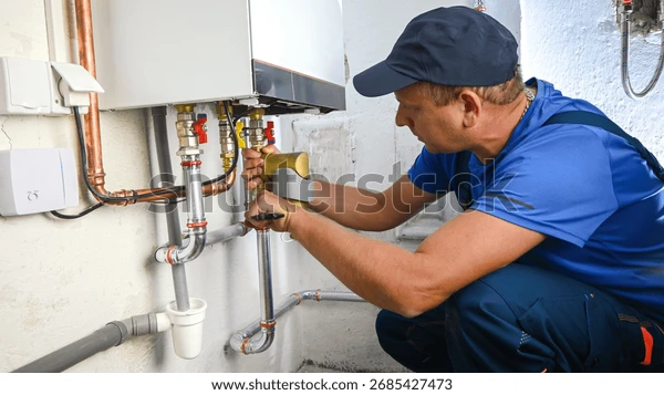 Plumber Working On Boiler Installing 600W 2685427473